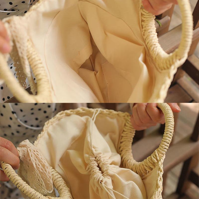 Lace Bow Basket Bags Women Casual Hollow Woven Shoulder Bag Knitted Handbags Large Capacity Vintage