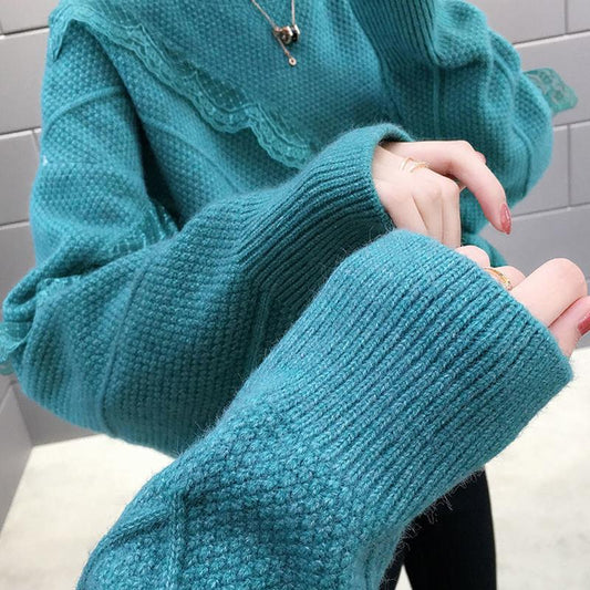 Autumn Winter Women Fashion Sweater Casual Knitting Sweater Lace Stitching Round Neck Pullovers Long Sleeve Sweater