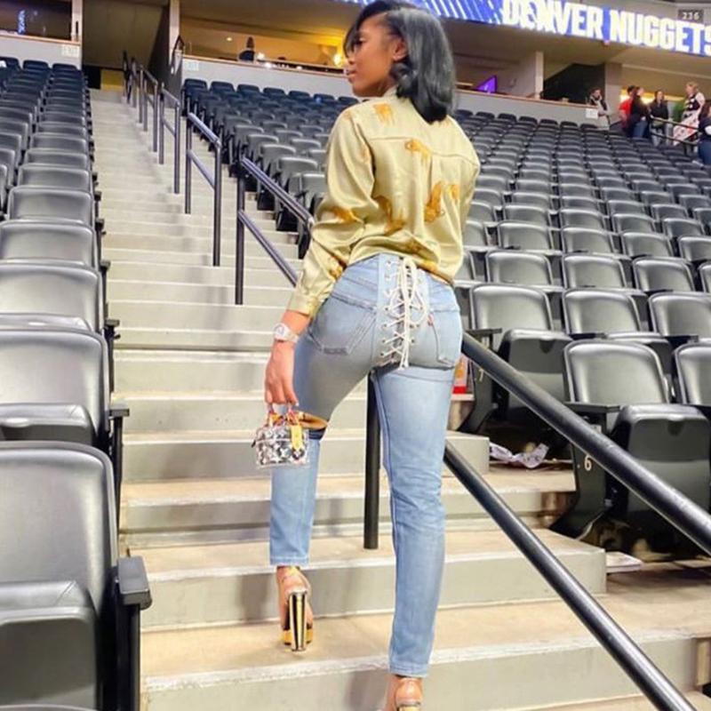 High Waist Bandage Sexy Jeans Autumn and Winter Women's Fashion Street Clothing Suit Trousers