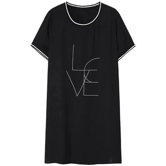 Cotton Mid-length Dress Women Loose Plus Size Summer T-shirt Skirt All-match Black Round Neck Short Sleeve Dress
