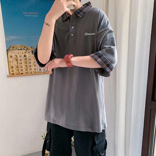 Fake Two-piece Shirt Men's Short-sleeved T-shirt Summer Plaid Stitching Half-sleeved T-shirt Loose Men's Shirt