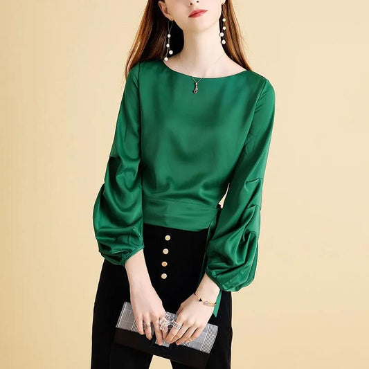 Women's Spring and Autumn Lantern Sleeve T-Shirt Round Neck Long Sleeve Top