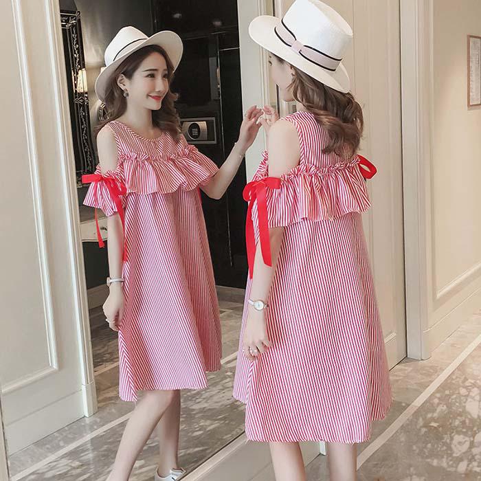 Pofulove Women Off Shoulder Striped Shirt Dress Office Lady Loose Thin Mid-length A-line Beach Skirt
