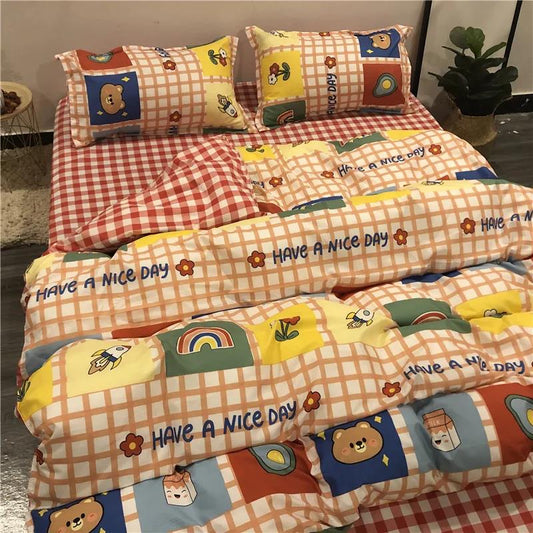 Brand New Washed Cotton Cartoon Quilt Cover Sheet Four-piece Cute Bedding