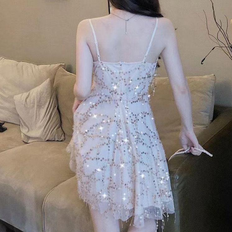 Women Summer Fringe Sequins Evening Club Halter Dress Vintage Unusual Beach Dress Mesh Slim Backless Short Night Party Dress