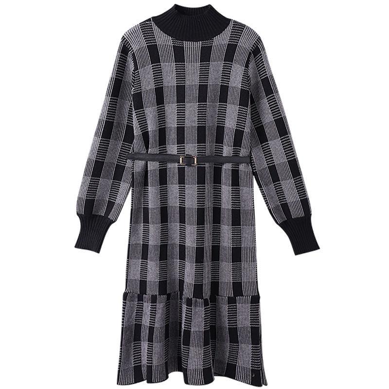 High-neck Padded Sweater Dress Women's Autumn and Winter New Mid-length Over-the-knee Ruffled Waist Knitted Bottoming Dress