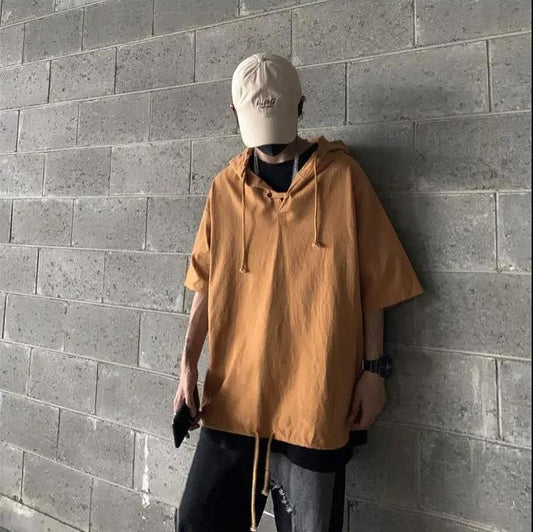 Summer Short-sleeved Men's T-shirt Hip-hop Trend Five-point Sleeve Top Loose Hooded