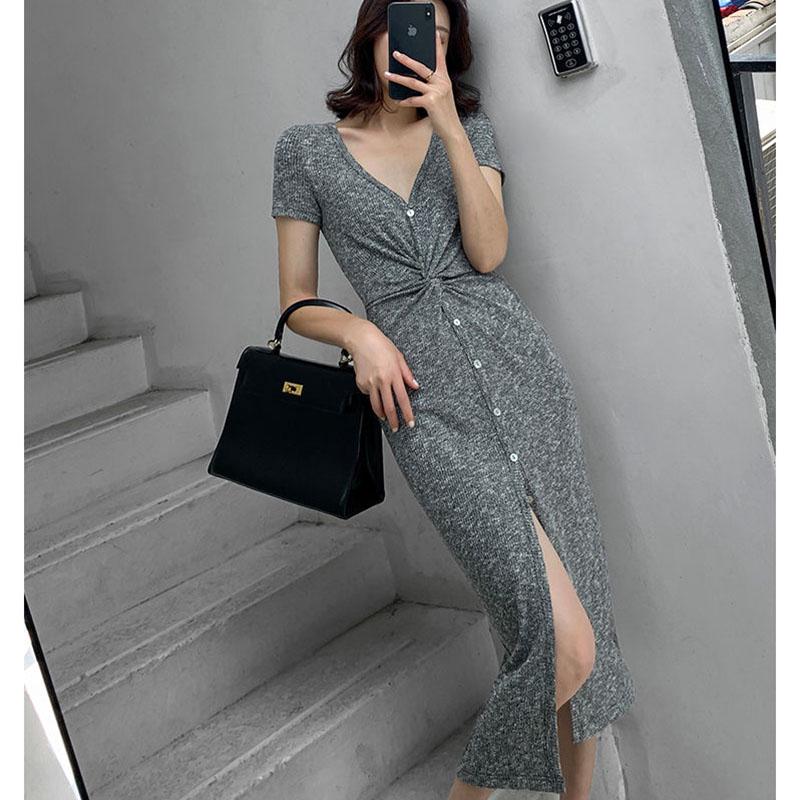 Women's Gray Ice Silk Knit Dress Female Summer Split Slimming V-neck Maxi Dress Long Maxi Dress Pleated Split Dress