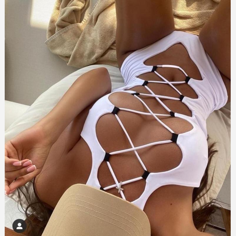 Hollow Out Swimwear Women High Neck Solid Black High Cut Backless Bandage Bathing Suit Holiday One Piece Swimsuit