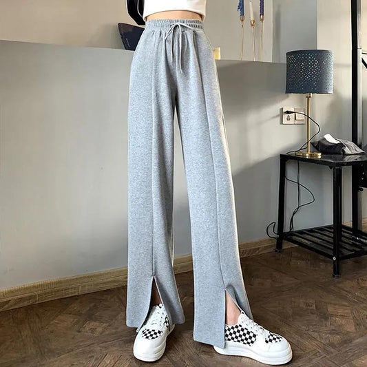 Ice Silk Front Slit Casual Pants Women's Drape High Elastic Waist Wide Leg Pants Straight Loose Long Trousers