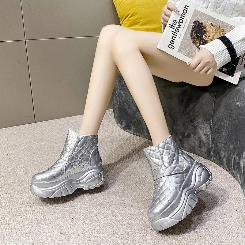 Platform Boots for Women Winter Shoes Black White Silver Patent Leather Snow Boots Ankle Booties Warm Chunky Flat Boots