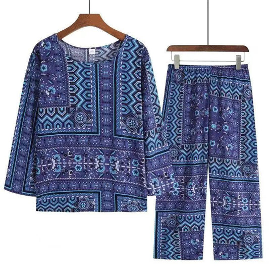 Mom Long-sleeved Home Wear Set Women's Retro Floral Printing Pajamas Ethnic Style Middle-aged Elderly Large Size Loose Pajamas Two-piece Set