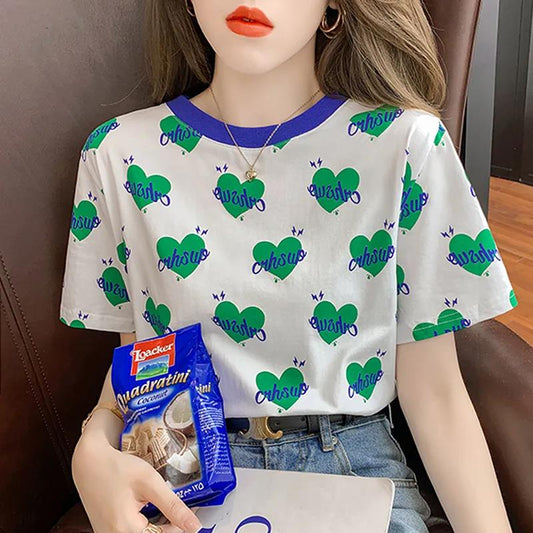 Sweet Round Neck Printed T-Shirt Women's Short Sleeve Summer Loose Top