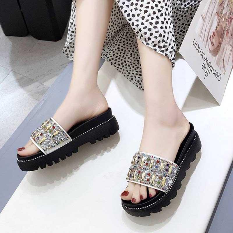 Size35-40 Summer Women Slippers Bohemian Beach Wear-resistant Non-slip Slippers Wedge Platform Leopard Print Sandals Outdoor Crystal High Heels