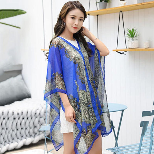 Sunscreen Shawl Beach Multi-used Variety Silk Scarf Chiffon Printing Anti-ultraviolet Temperament Cape Shawl with Scarf Outside