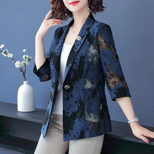 L-5XL Spring Mother Lace Coat Large Size Printed Outerwear Top Autumn Thin Small Suit for Office Lady
