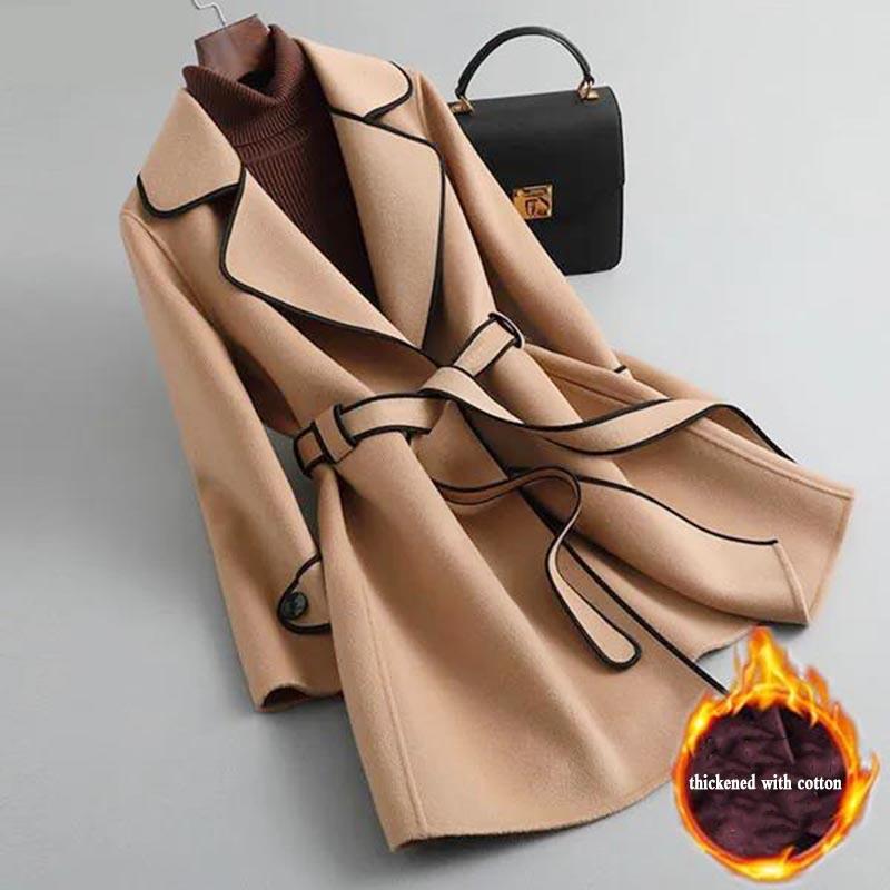 Fleece Thickened Woolen Coat Women's Autumn and Winter Mid-length Belted Hepburn Coat