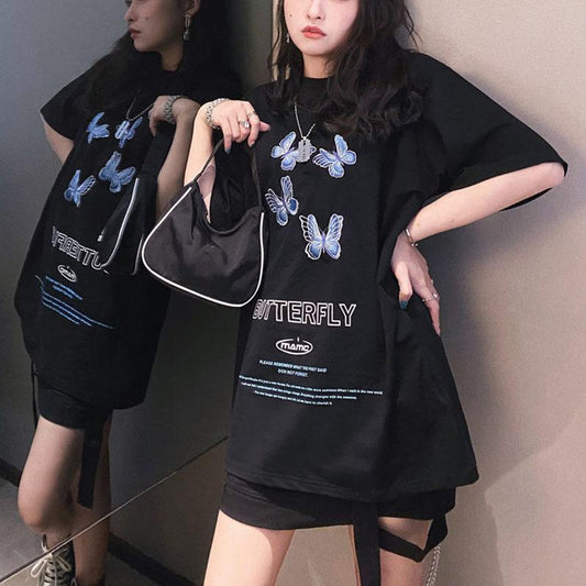 Butterfly Embroidery Letter Printing T-Shirt Solid Cotton Tee Female Casual Short Sleeves Tops