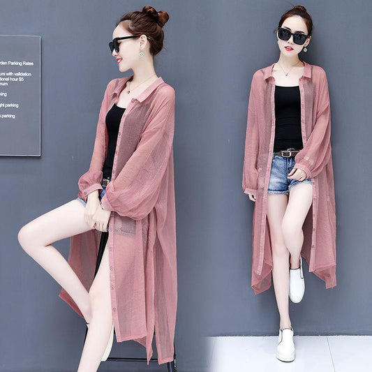 Chiffon Cardigan Women's Sun Protection Clothing Sun-Dress Mid-length Plus Size Shawl Loose Outer Thin Coat Beach