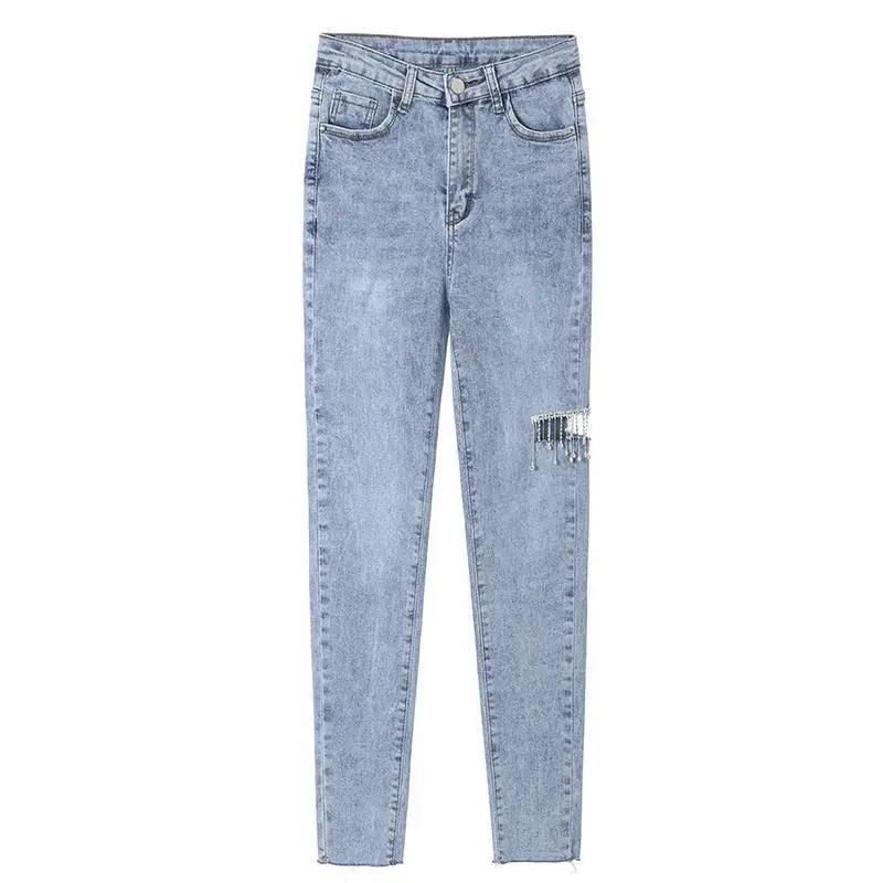 Light Blue Jeans Women's Trendy Ins High Waist Ripped Nine-point Pants 2022 Spring New Tight-fitting Skinny Pants