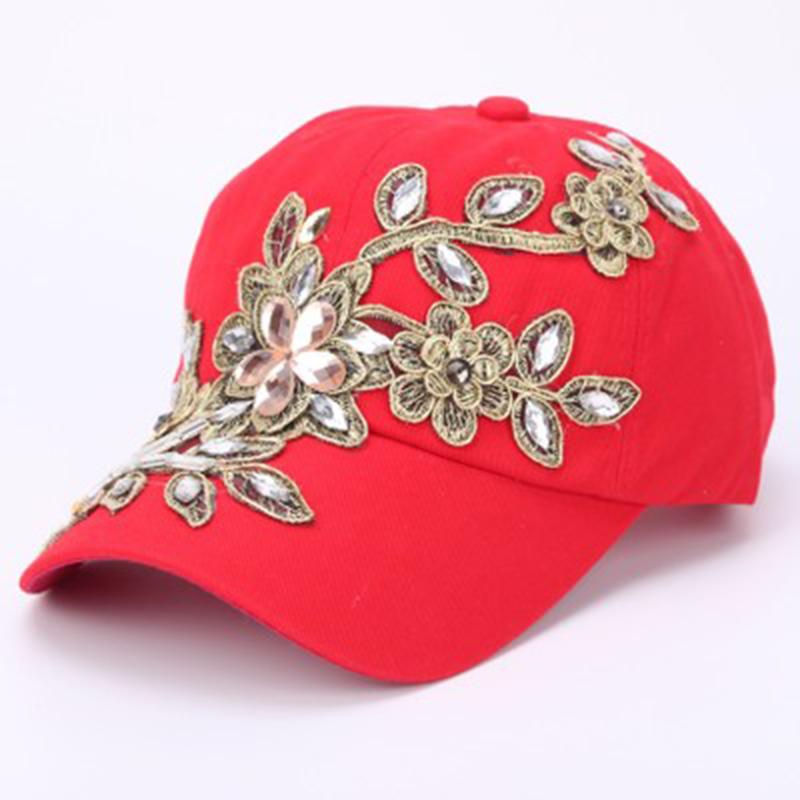 Spring New Shiny Fashion Women Diamond Flower Baseball Cap Lady Rhinestone Jean Ha