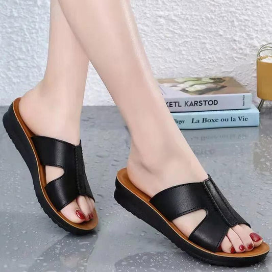 Summer Leather One-word Slippers Ladies Wear Korean Style Non-slip Thick-soled Sandals