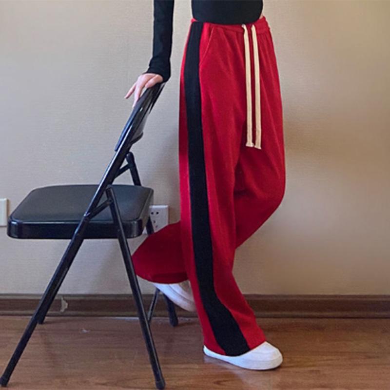 Sports pants spring and autumn striped color contrast loose and thin high waist vertical straight pants casual wide leg pants women