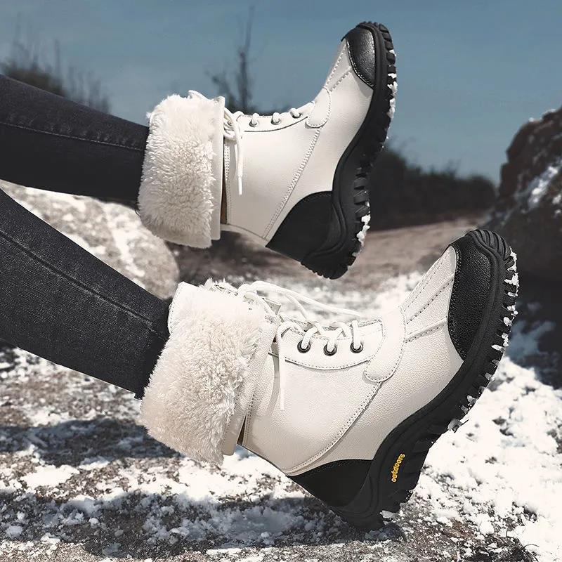 Winter Outdoor Snow Boots Women's Waterproof Non-slip Middle Tube Plus Velvet Thickening Fashion Leather Snow Shoes