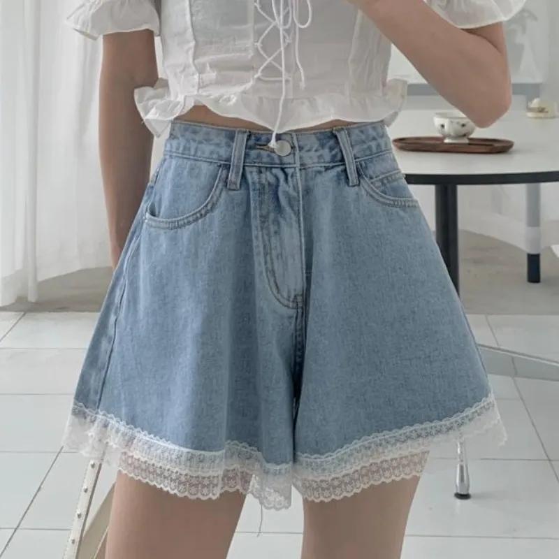 Sweet Denim Shorts for Women Wide Leg Cute Short Pants Summer High Waist Lace Edge Pants A-line Loose Jeans Pants High Waist Shorts Y2k Short Bottoms