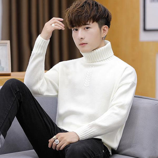 Autumn and Winter High Neck Men's Sweater Personality Youth Loose Knit Sweater Long Sleeve Solid Color Warm Top