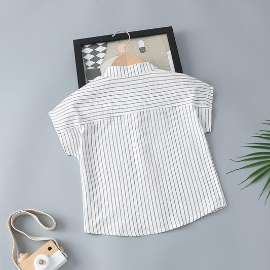Boy's Short-sleeved Shirt Summer Children's Korean Style Handsome Cotton and Linen Striped Baby Stand-up Collar Cardigan Loose Thin Section