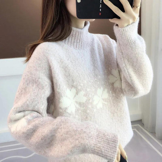Autumn and Winter Women's Sweater Turtleneck Loose Thick Warm Pullover Korean Print Top
