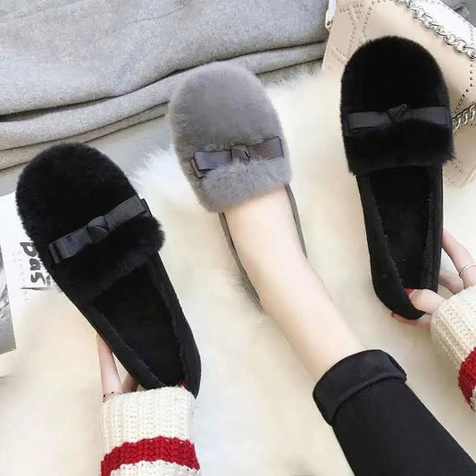 Autumn and Winter Plus Velvet Warm Shoes Plush Shoes Peas Shoes Women's Cotton Support Shoes with Non-slip Moccasins Flat Shoes