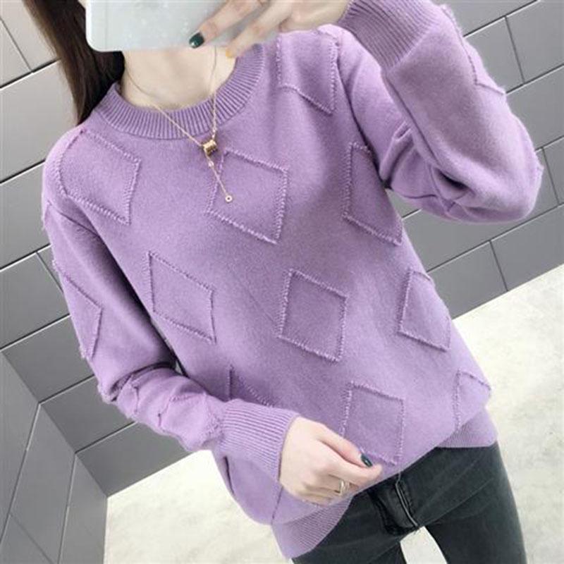 Warm O-neck Sweater Purple Color Rhombus Sweater Knitted Plain Sweater Women Knitwear Long Sleeve