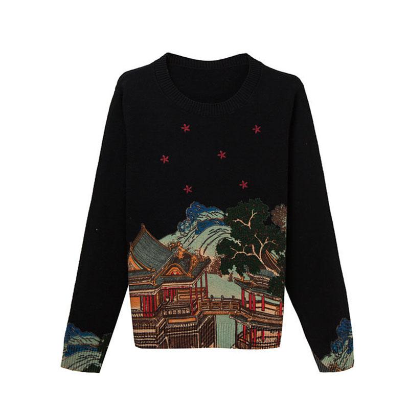 Ethnic Style Women's Short Woolen Sweater Autumn and Winter Printed Sweater Loose Large Size Knitted Jumper