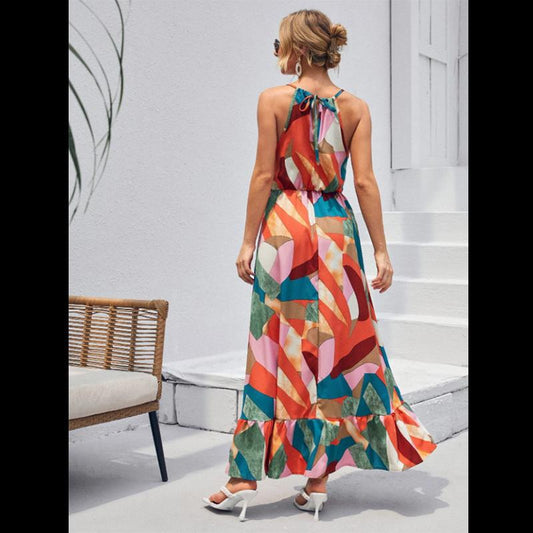 Patchwork Print Ruffle Hem Halter Dress Holiday Style Long Sleeveless Dress