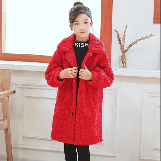 Festive Christmas Clothes Girls Thick Woolen Coat Double-breasted Mid-length Woolen Autumn and Winter Coat