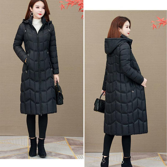 Women's Solid Color Long Down Jacket Quilted Coat Women's Winter Padded Down Jacket Hooded Down Jacket with Warm Stand-up Collar