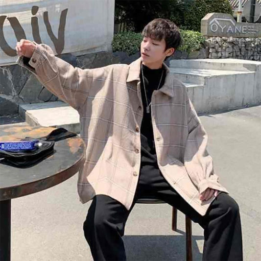 Fat Men's Japanese Woolen Plaid Jacket Men's Jacket Men's Loose Large Size 200 Kg