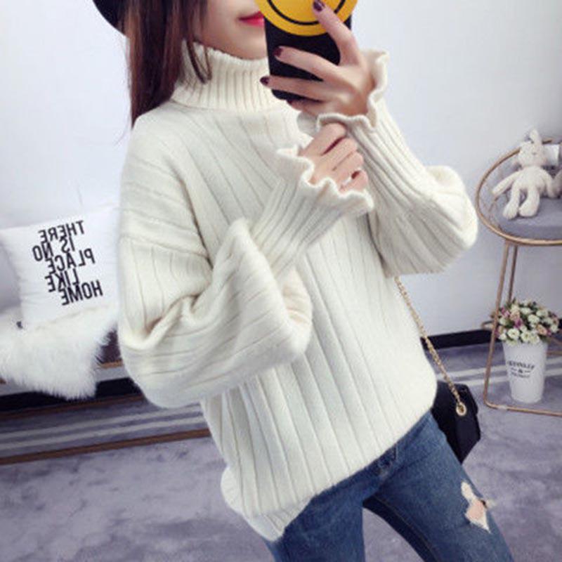 Women Sweaters and Pullovers High Collar Pullover Knitted Sweater Bottoming Shirt Sleeve for Women