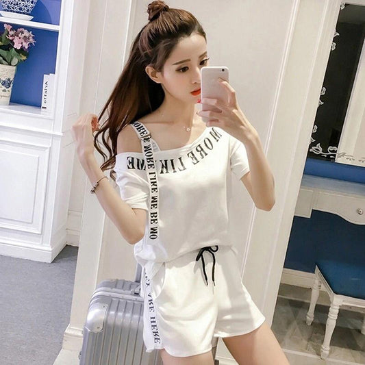 Sportswear Two-piece Suit Women's Off-the-shoulder Casual Plus Size Jacket Wide-leg Shorts Casual Suit Home Service Fabric Soft and Sweat-absorbent