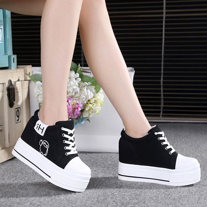Women's Canvas Shoes Wedges Heel Thick Bottom Increased Casual Shoes High-heeled Platform Lace Up Wedge Sneakers