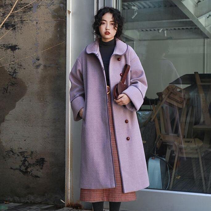 Was thin and long long woolen coat purple woolen coat women autumn and winter clothes
