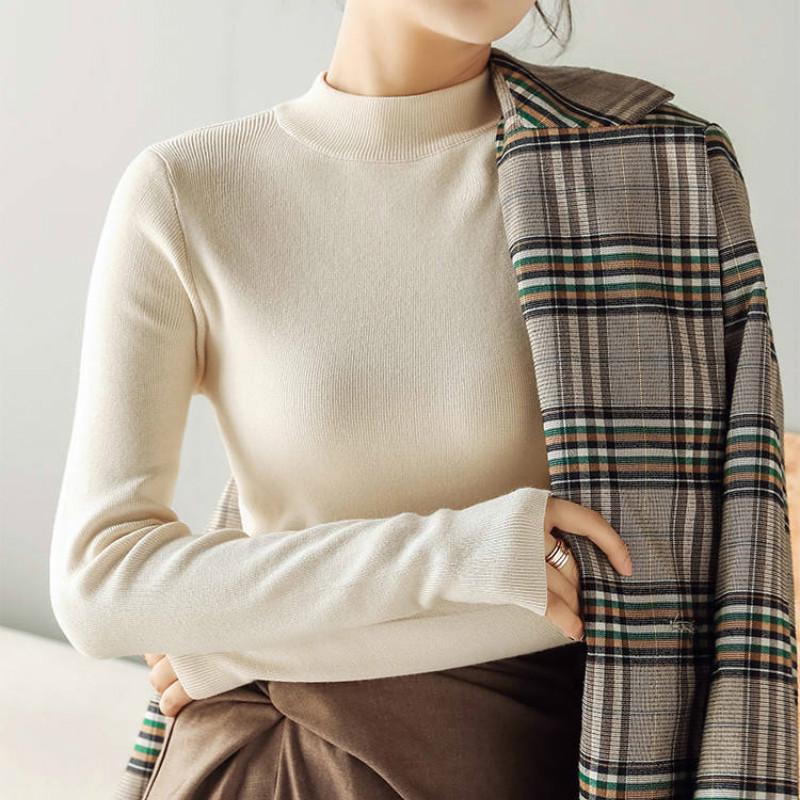 Pofulove Autumn Winter Half Turtleneck Bottoming Shirt Women's Slim-fitting Tight Sweater Top