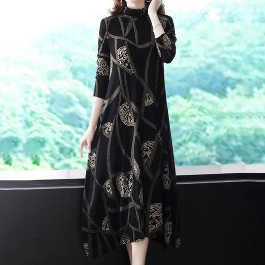 Large Size Casual Long-sleeved Dress Literary Retro Loose Long Skirt All-match Hal Turtleneck Sweater
