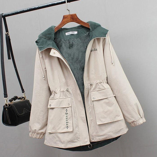 Women's Plus Velvet Hooded Parka Jacket Short Autumn and Winter Thickened All-match Casual Loose Drawstring Windbreaker Jacket