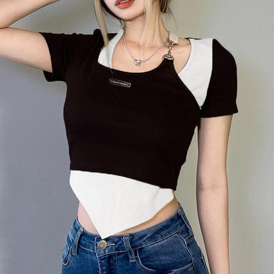 Fashion Trend Color Matching Fake Two-piece T-shirt Street Personality Chain Hanging Neck Hollow Irregular Girl Sexy Top