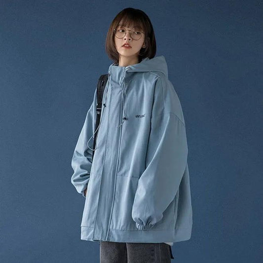 Women's Spring and Autumn Workwear Coat Student Korean Style Loose Versatile Hooded Jacket Casual Zipper Baseball Uniform Cardigan Top