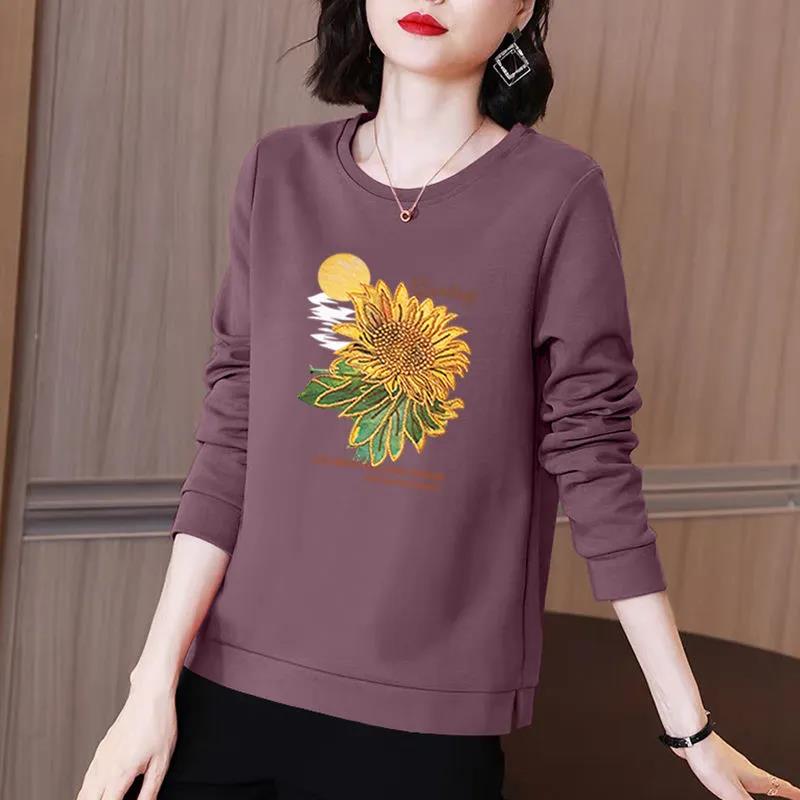 Spring Sunflower Print Pullover Long Sleeve T-shirt Casual Slit Bottoming Shirt Women Cotton Shirt