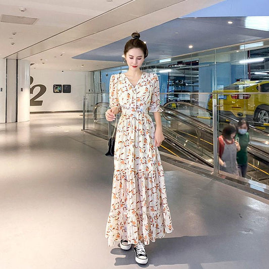 Chiffon Floral Fairy Dress French Style V-neck Temperament High Waist Thin Ruffle Dress Sweet and Lovely Temperament Elegant Chiffon Dress